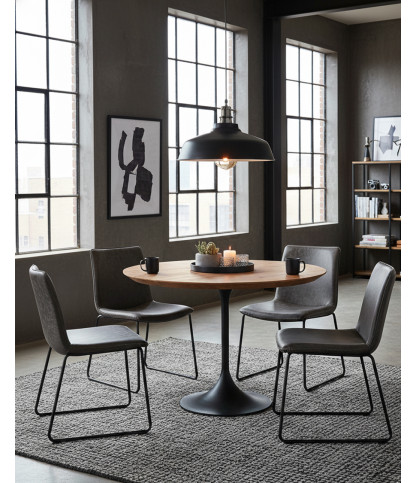 Eclipse - Tavolo da pranzo rotondo in stile industriale, realizzato in teak massello con base in metallo.