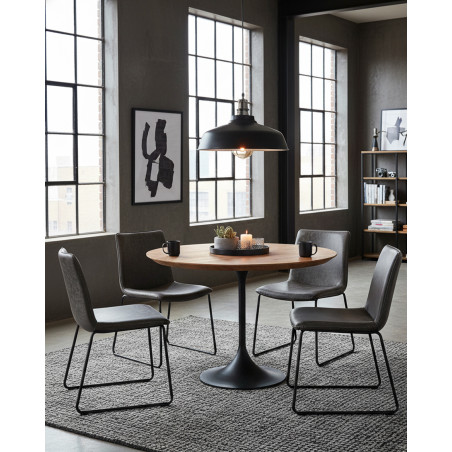 Eclipse - Table repas ronde industrielle en teck massif et pied métal