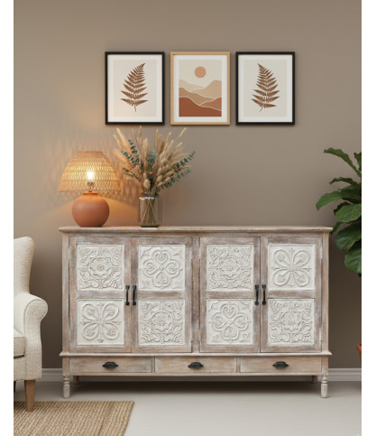 Mala - Buffet haut 4 portes en bois de manguier massif sculpté 160 cm