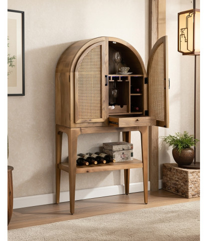 Armario para vino - Mueble bar de madera maciza de mango con canutillo natural