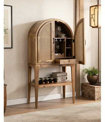 Wine cabinet - Massief mangohouten barkast met natuurlijke rieten afwerking.