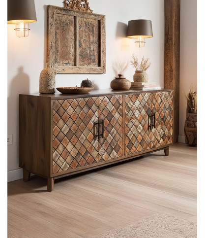 Argylle - Low sideboard in solid wood with metal motif