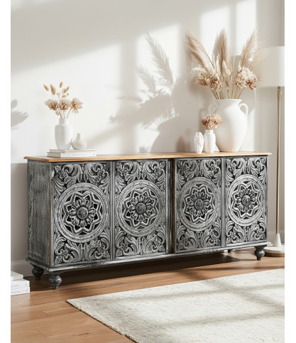Lotus - Grande credenza nera cerata in legno massello di mango intagliato, 180 cm