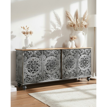 Lotus - Grand buffet noir cérusé en manguier massif sculpté 180 cm