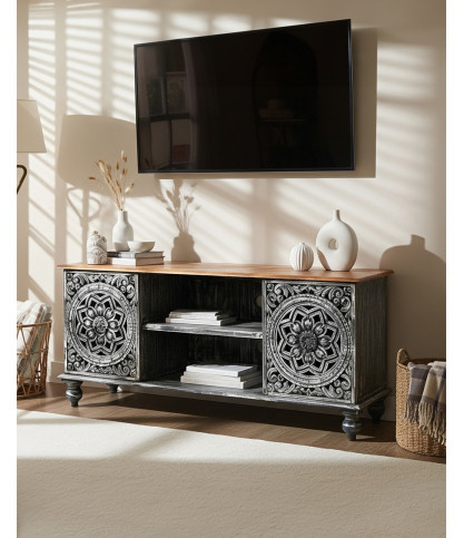 Lotus - 150 cm solid mango wood whitewashed TV stand