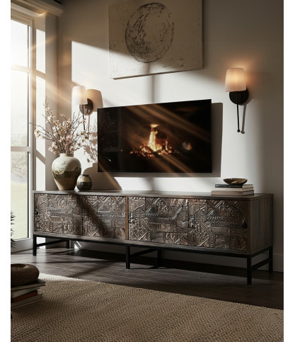 Hawaï - Meuble TV noir en manguier massif sculpté 160 cm