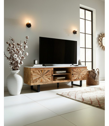 Sunet - Meuble TV en bois massif et marbre blanc 160 cm