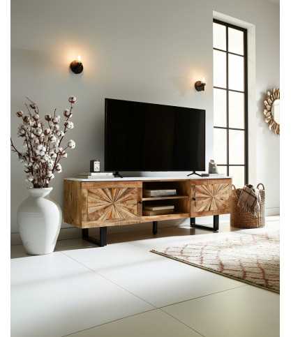 Sunet - TV Ständer aus massivem Mangoholz und weißem Marmor, 160 cm