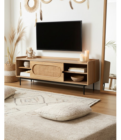Kali - Mueble de TV en madera maciza de mango y caña 140 cm