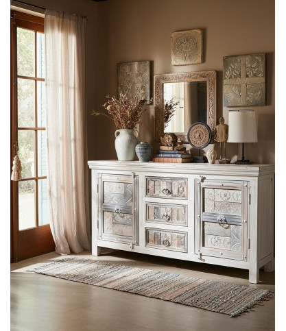 Viva - Aparador de 2 puertas de madera maciza blanca, 170 cm