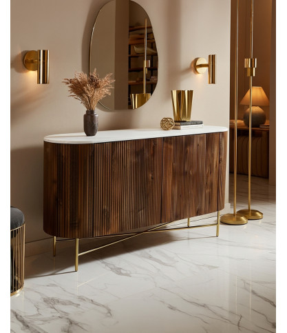 Céline – Sideboard aus Massivholz mit weißer Marmorplatte, 145 cm