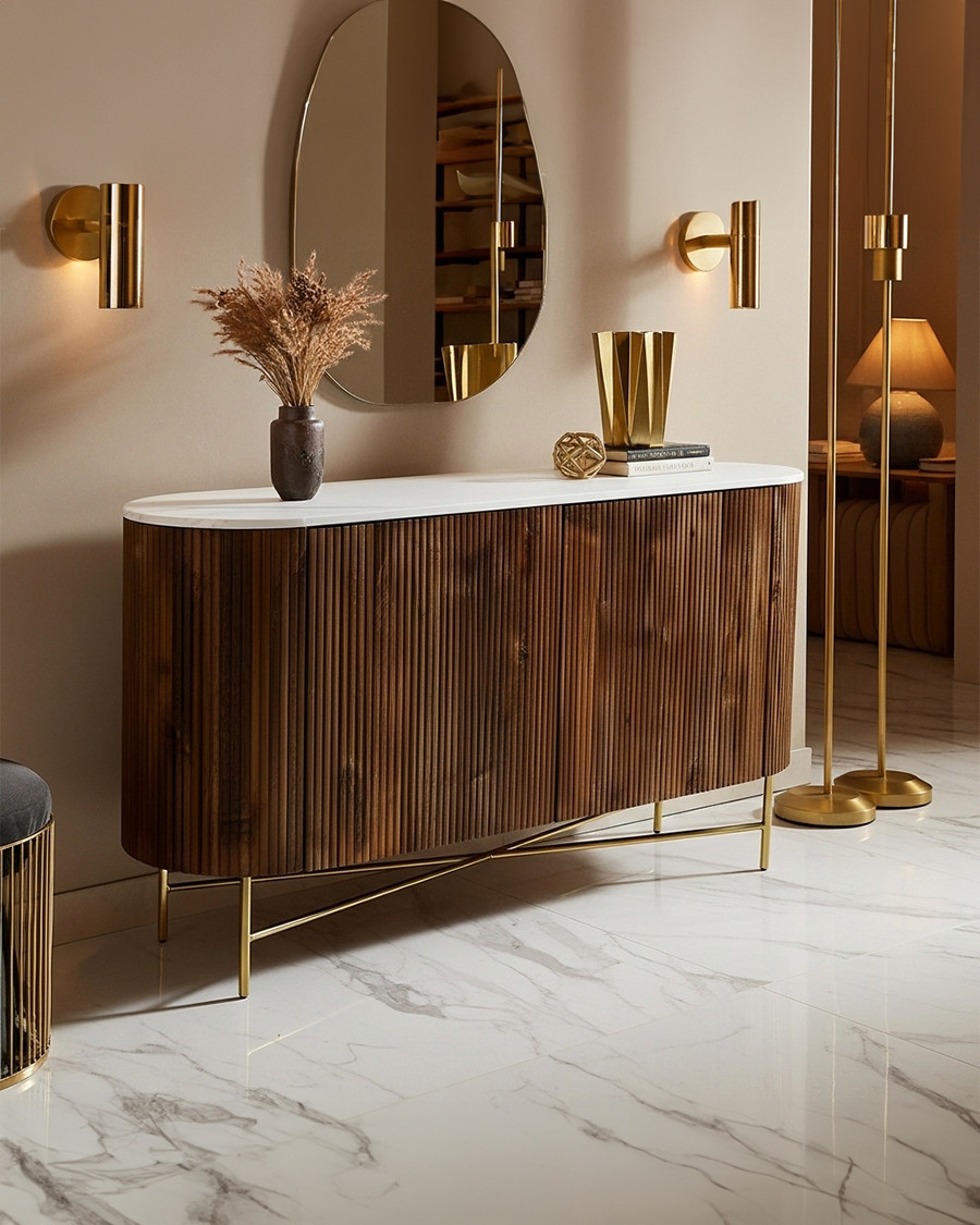 Céline - Aparador de madera maciza con tapa de mármol blanco 145 cm