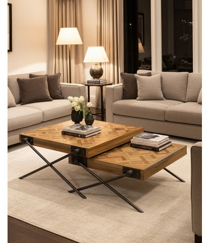 Loft - Mesa de centro nido cuadrada de teca con diseño de chevron