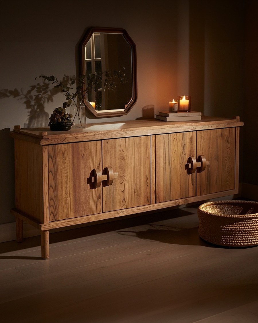 NARA - Low sideboard in solid teak wood, 190 cm - Asian style