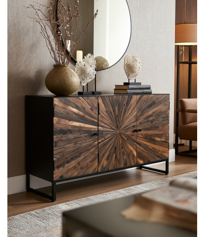 Mandala - Niedriges Sideboard mit 3 Türen aus recyceltem Teakholz und schwarzem Metall 145 cm