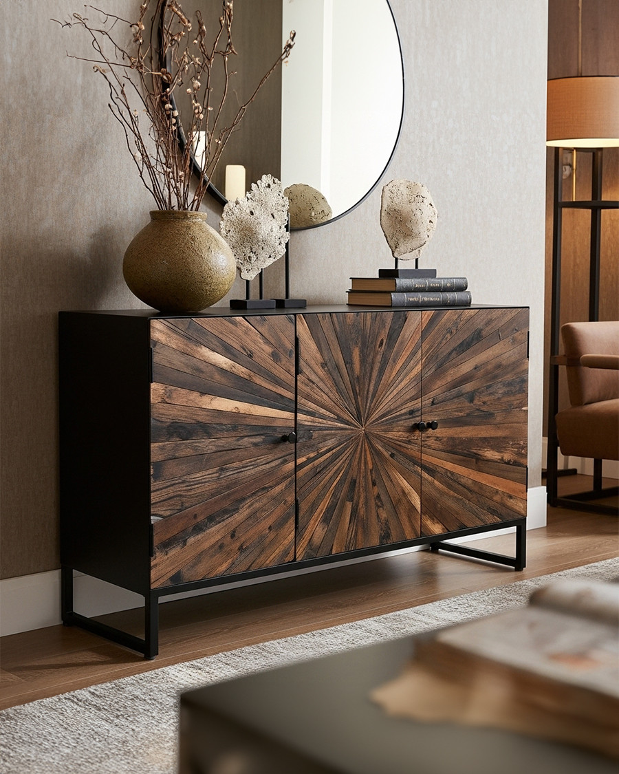 Mandala - Niedriges Sideboard mit 3 Türen aus recyceltem Teakholz und schwarzem Metall 145 cm