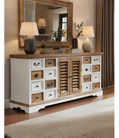Inda - Großes weißes und naturfarbenes Sideboard aus massivem Mindy Holz, 160 cm
