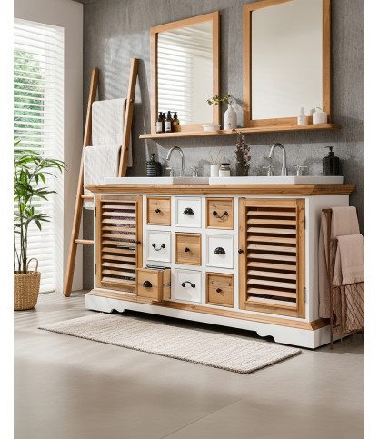 Inda - Mueble de baño grande en madera maciza blanca y natural.