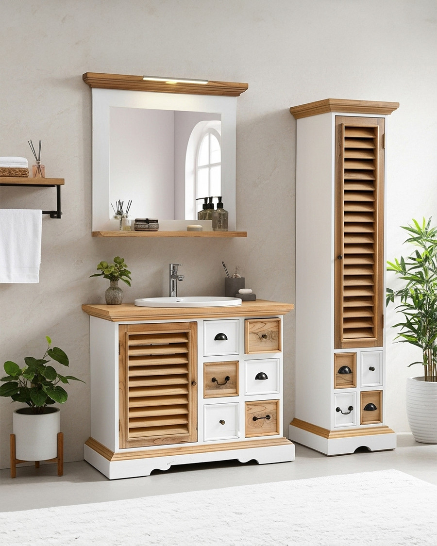 Inda - Columna de baño de madera maciza blanca y natural