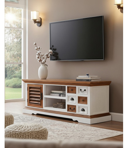 Inda - TV-Schrank aus massivem Sungkai-Holz in Weiß und Natur 140 cm