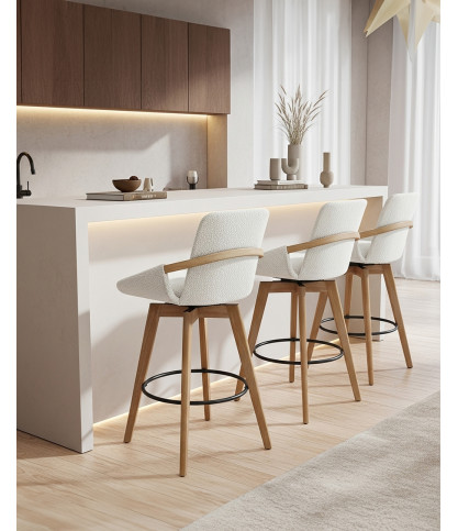 Saly - Chaise de bar en tissu bouclette et pieds en bois