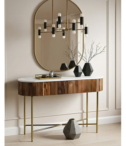 Céline - Solid mango wood and white marble console 100 cm