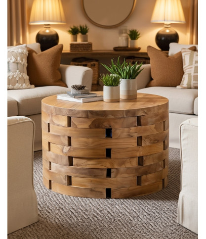 Brickle - Table basse ronde en bois de teck massif