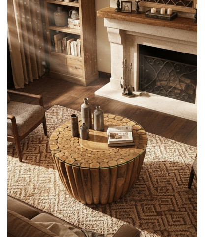 Woodle - Table Basse en Bois Massif avec Plateau en Verre