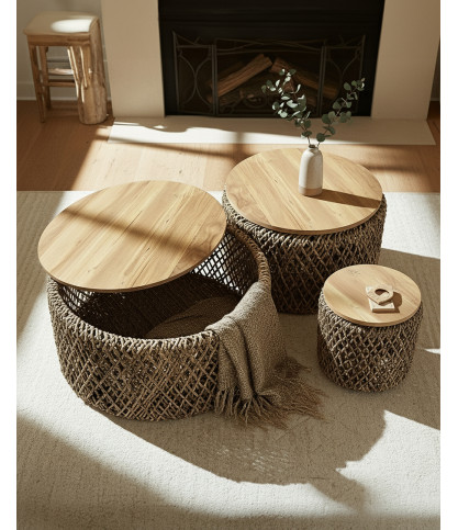 Yuda - Set di tre tavolini in legno massello di teak e intreccio a banana con contenitore