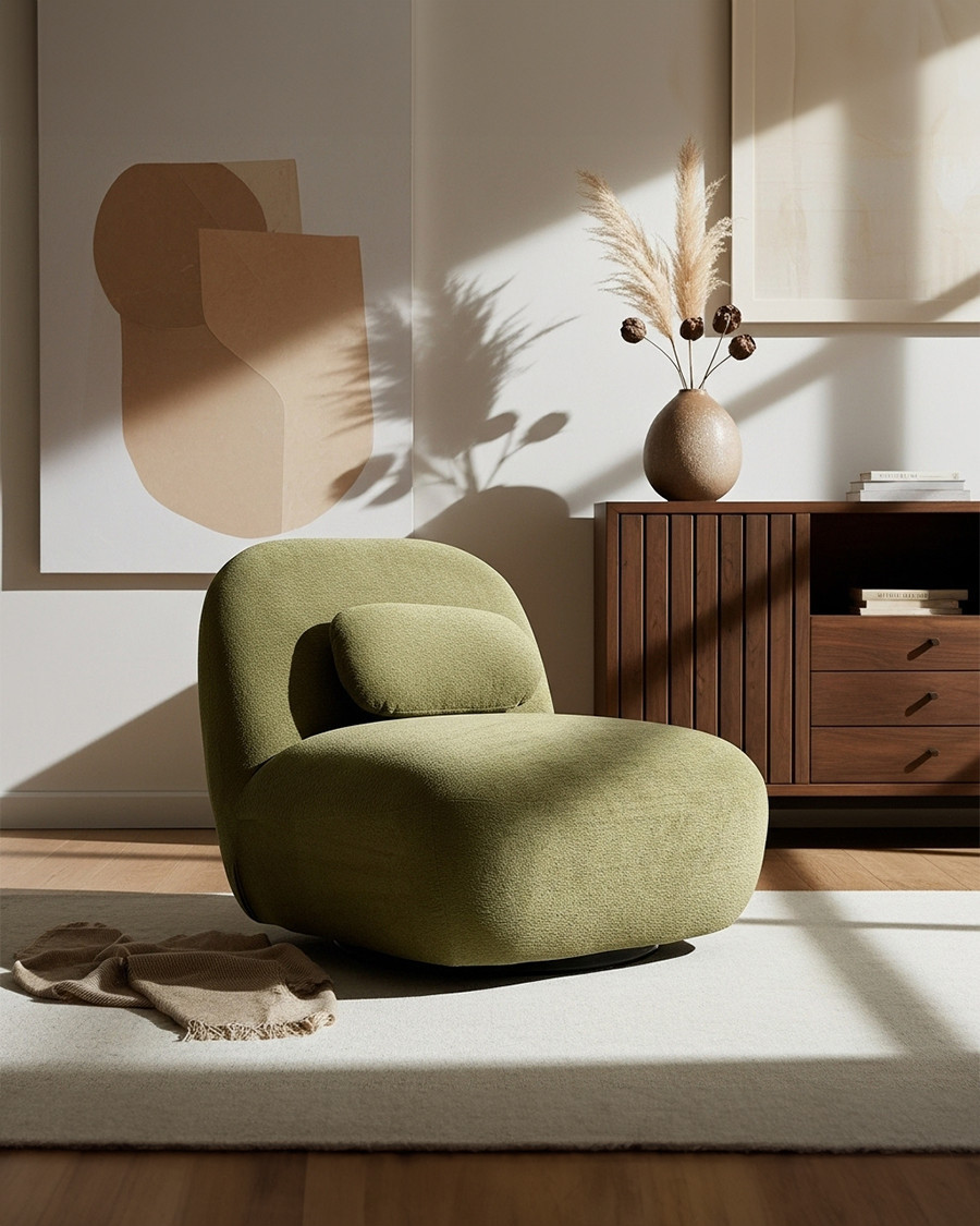 Orba - 360° swivel armchair in khaki green loop fabric