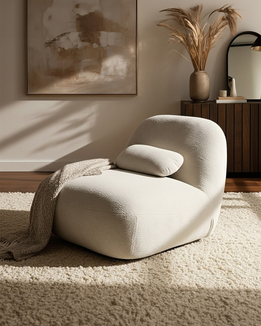 Orba - 360° drehbarer Sessel in weißem Bouclé-Stoff