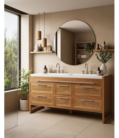 Sahara - Badezimmer Waschtisch aus Teakholz und beigefarbenem Terrazzo, 160 cm