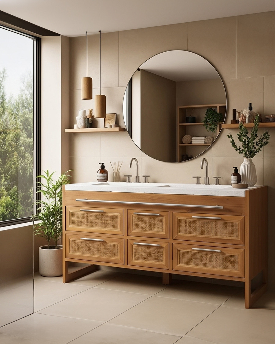Sahara - Badkamermeubel van teakhout en beige terrazzo, 160 cm