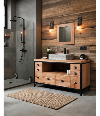 Jazz - Industrial bathroom furniture in teak and metal 145 cm