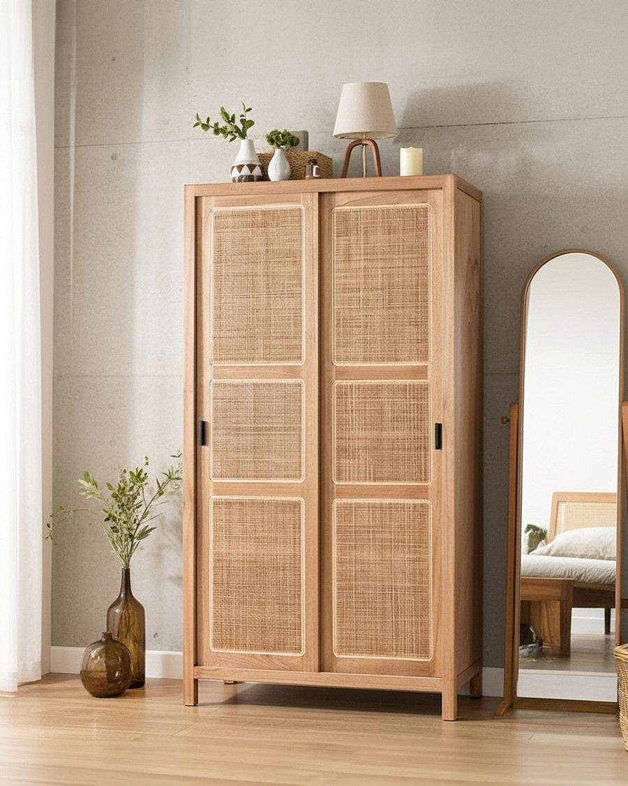 Tiraya - Armoire de rangement en bois de Mindi et rotin naturel