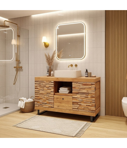 Néo - Meuble salle de bain en teck parqueté 140 cm