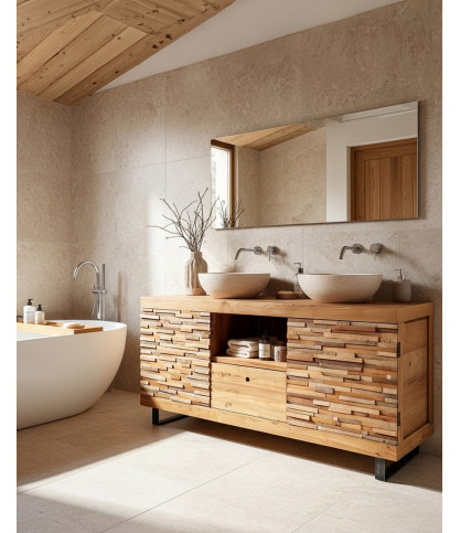 Néo - Meuble salle de bain en teck parqueté 140 cm