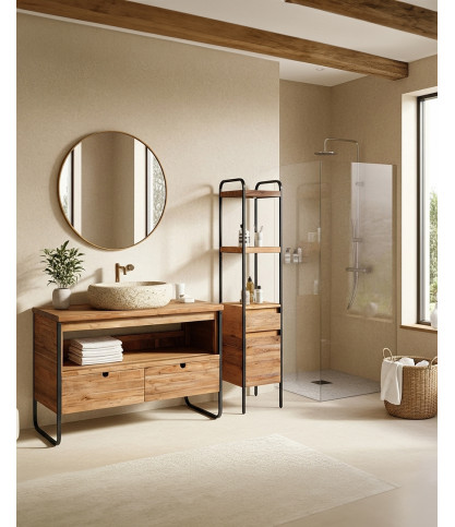 Azur - Mueble de baño industrial en teca y metal 120 cm