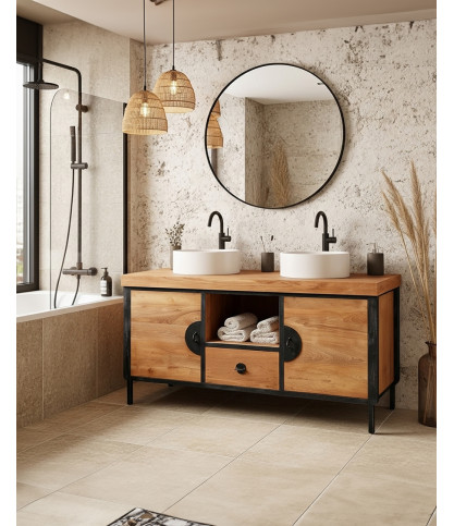 Samuraï - Meuble salle de bain industriel en teck et métal 160 cm