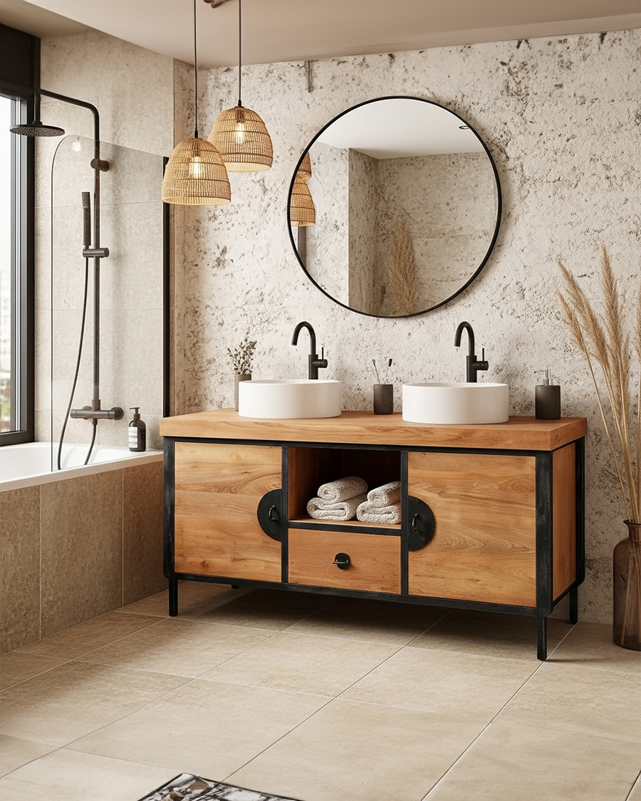 Samuraï - Meuble salle de bain industriel en teck et métal 160 cm