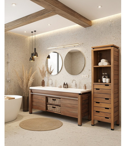 Harmonie - Mueble de baño de teca y mármol terrazo blanco 165 cm