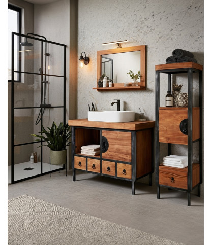 Samuraï - Petit meuble salle de bain industriel en teck et métal 80 cm