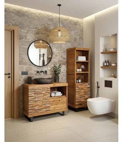 Neo - Mobile da bagno in teak con motivo a parquet da 90 cm