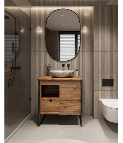 Azur - Kleiner Badezimmerschrank im Industriestil aus Teakholz und Metall, 70 cm