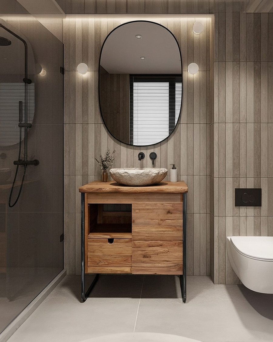 Azur - Pequeño mueble de baño industrial en teca y metal 70 cm