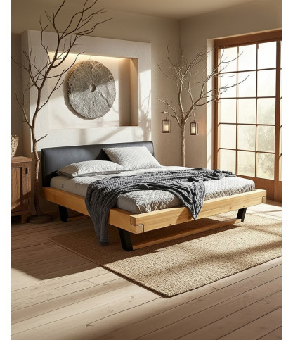 Bakara - Cama con vigas de madera maciza de abeto y metal negro