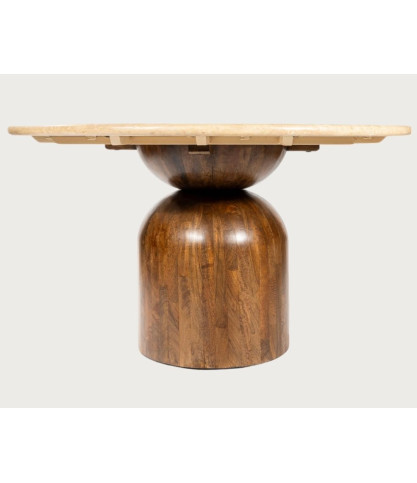 Séraphis - Table salle à manger ronde en granit, Plateau en Travertin & Piétement en Bois de Manguier