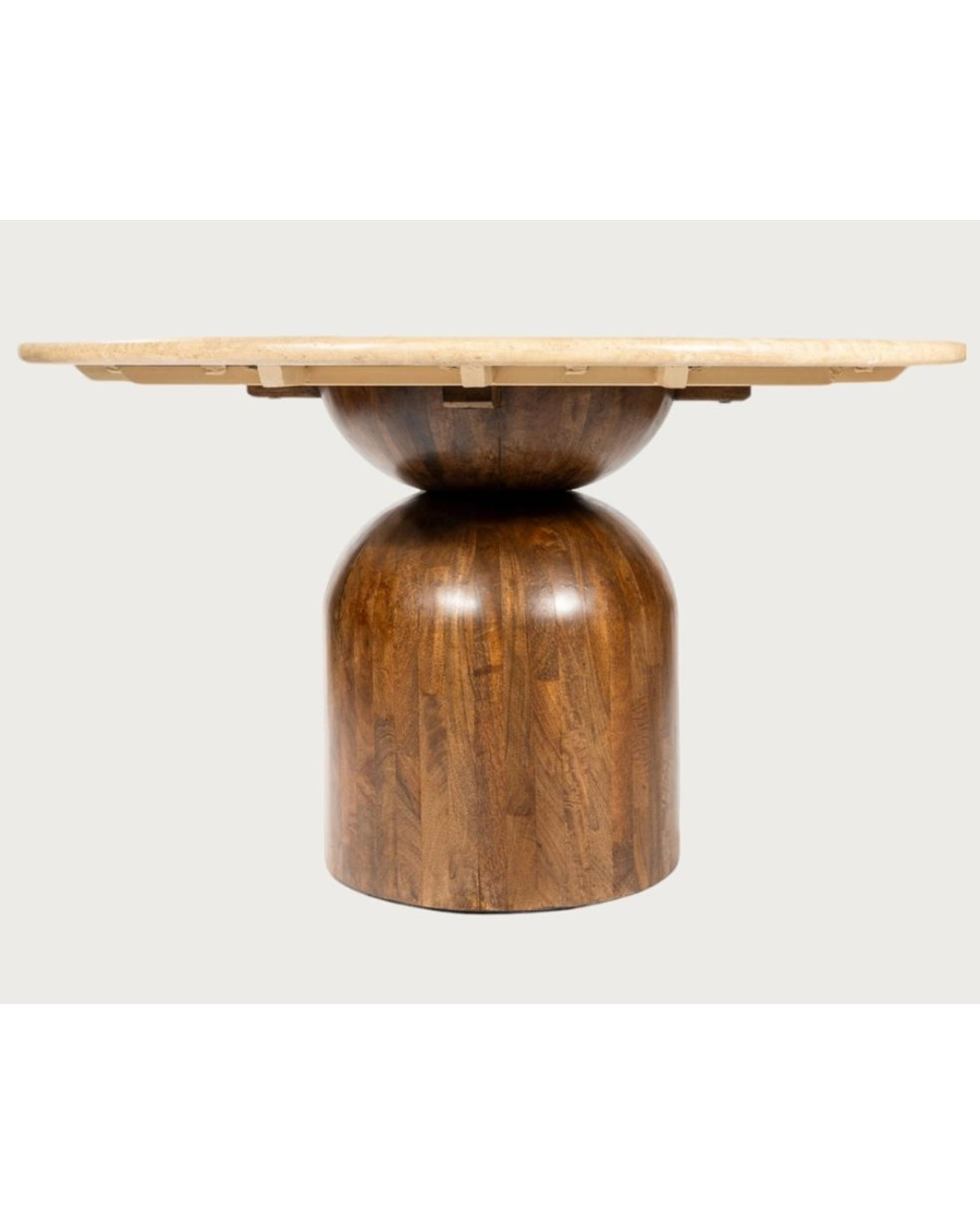 Seraphis - Tavolo da pranzo rotondo con piano in travertino e legno di mango