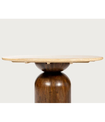 Seraphis - Mesa de comedor redonda con tablero de travertino y madera de mango.