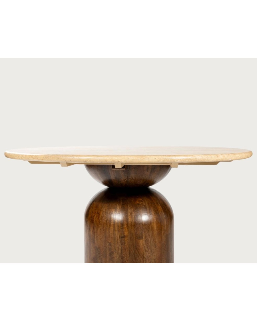 Séraphis - Table salle à manger ronde , Plateau en Travertin & Piétement en Bois de Manguier